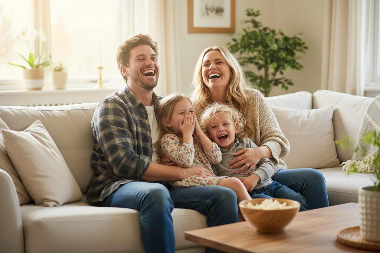 a cute little family husband wife and two kids sitting on a couch happily laughing with joy